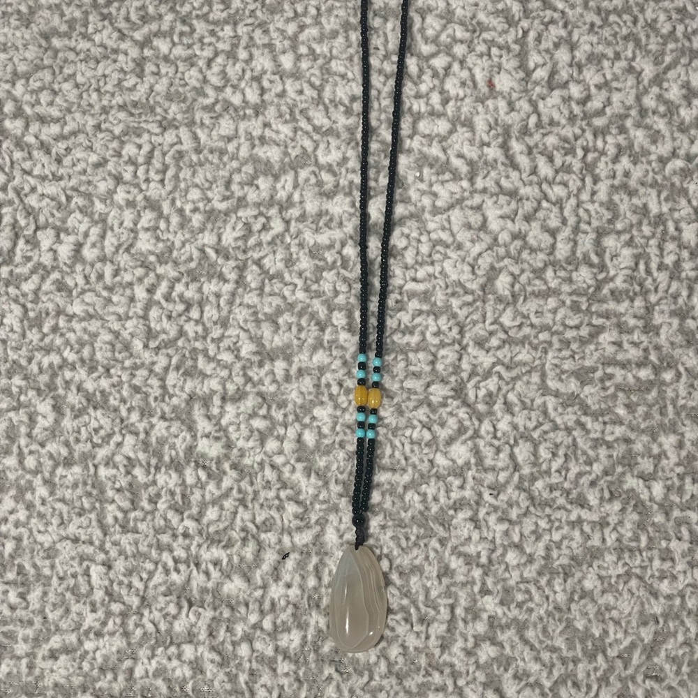 Black Beaded Necklace with Agate Pendant